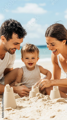 Family enjoying sunny day at beach, building sandcastles together