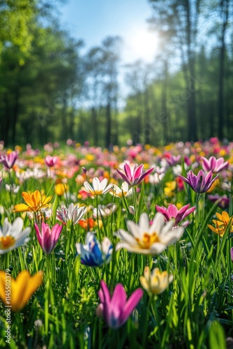 Vibrant Wildflower Meadow in Sunlit Forest