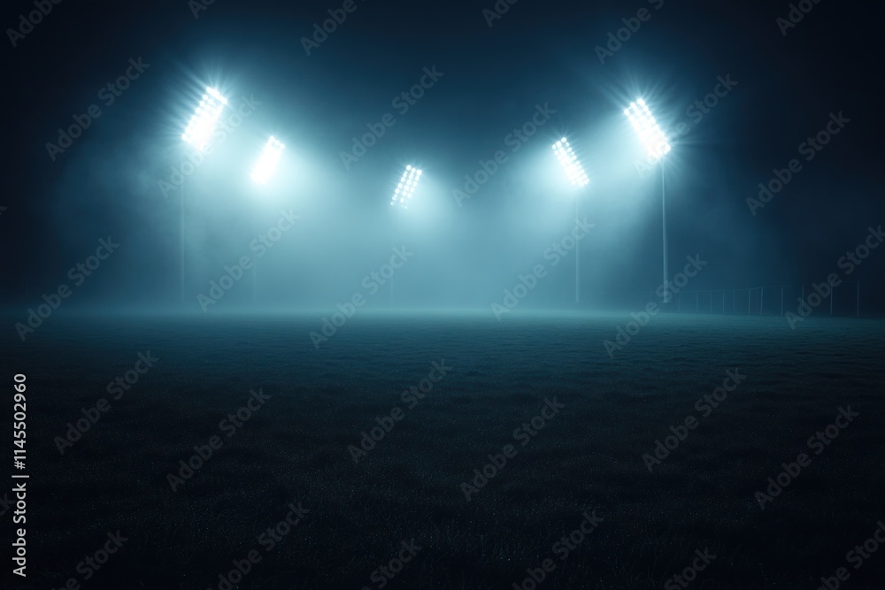 A foggy sports field illuminated by bright floodlights at night. A foggy sports field illuminated by bright floodlights at night.