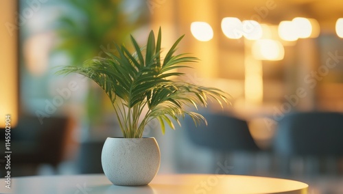 A small potted plant on a table, creating a calming atmosphere in a modern space.