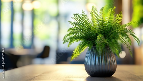 A decorative fern in a modern vase on a table, enhancing the indoor environment.