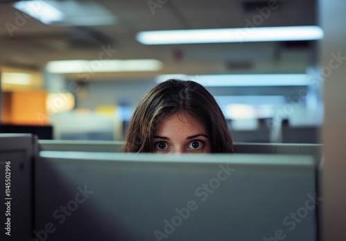Focused Female Office Worker Peeking Over Cubicle Wall in Modern Workspace with Soft Lighting and Professional Ambiance