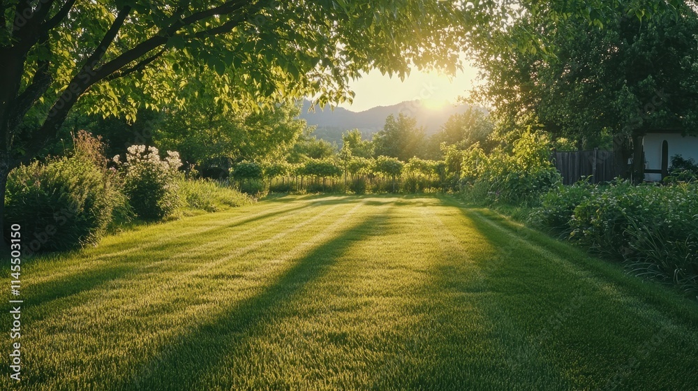 Sunlit lawn with trees and garden. Ideal for real estate, tranquility, and nature themes. Sunlit lawn with trees and garden. Ideal for real estate, tranquility, and nature themes.
