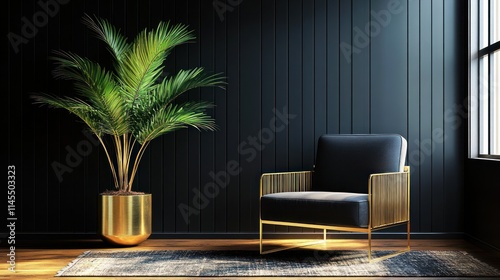 A stylish corner featuring a black chair, golden accents, and a lush potted plant.