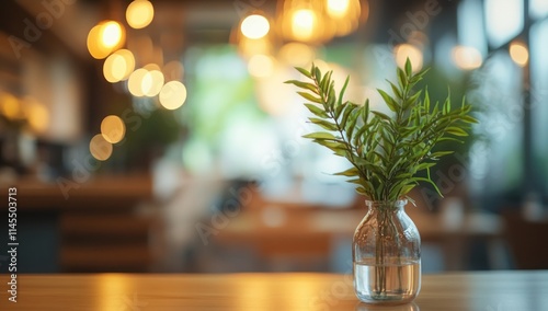 A small vase with a green plant sits on a wooden table in a softly lit café setting.