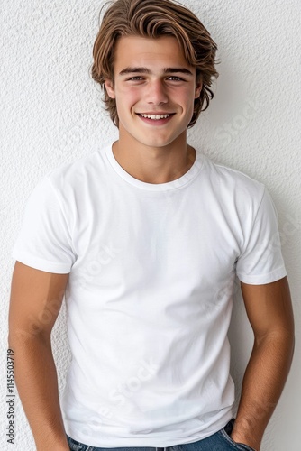 A man in a white T-shirt on a light background