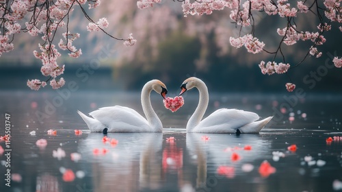 Fototapeta Naklejka Na Ścianę i Meble -  Two swans form a heart shape under cherry blossoms.