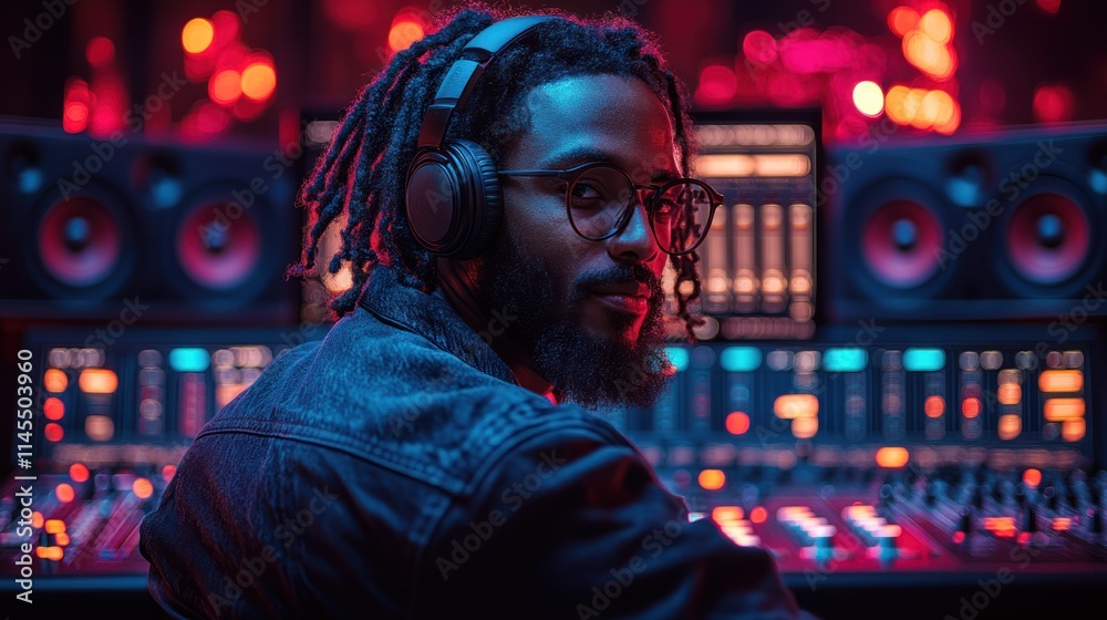 Music producer working in a vibrant studio.