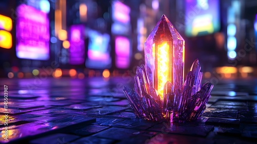 Glowing Crystal in Cyberpunk Cityscape - Cyberpunk