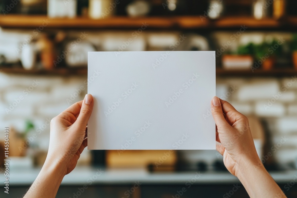 A person holding a blank sheet of paper in a cozy kitchen setting. A person holding a blank sheet of paper in a cozy kitchen setting.