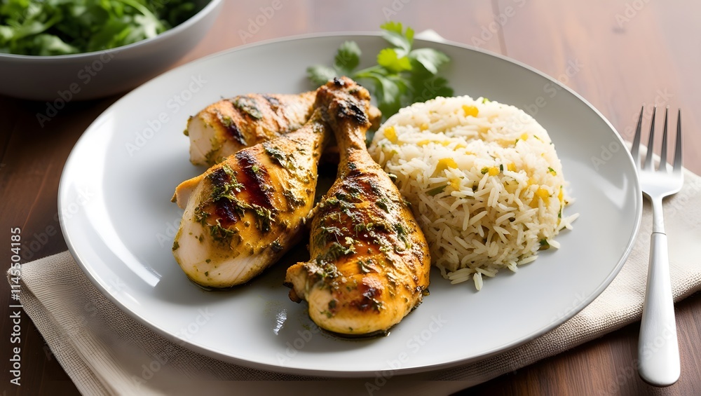 Grilled Chicken with Herb Rice and Fresh Garnish on a Plate Grilled Chicken with Herb Rice and Fresh Garnish on a Plate