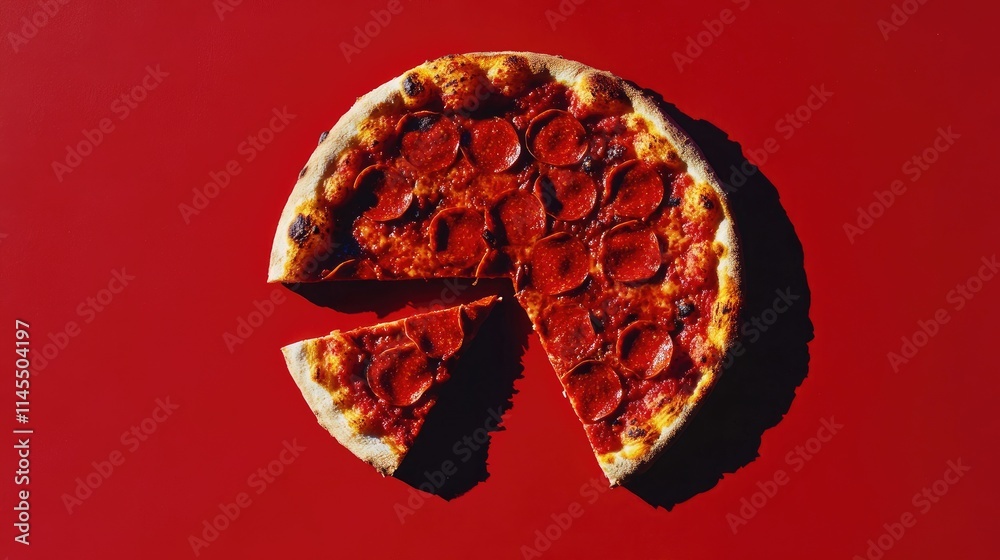 Pepperoni Pizza on Vibrant Red Background with Two Slices Removed Pepperoni Pizza on Vibrant Red Background with Two Slices Removed