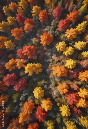 Breathtaking aerial view of a forest ablaze with fall colors, breathtaking, seasonal