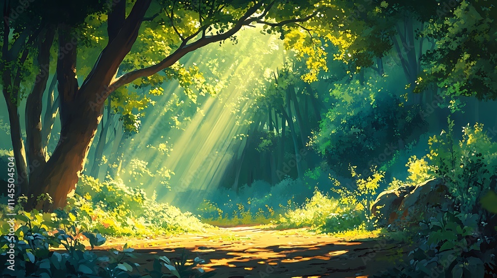 Fototapeta premium A vibrant green forest bathed in warm morning light, with beams of sunlight breaking through the canopy, illuminating the leaves and creating a dappled effect on the ground