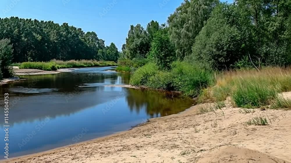 A tranquil river winds through a sandy riverbank surrounded by lush green trees. A tranquil river winds through a sandy riverbank surrounded by lush green trees.