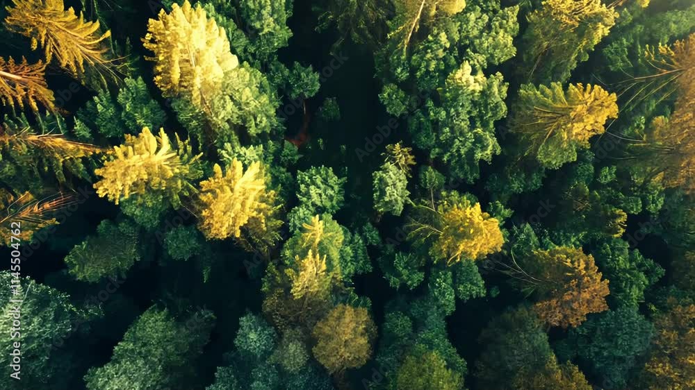 Aerial view of lush green forest with golden foliage, showcasing dense treetops and natural textures. Aerial view of lush green forest with golden foliage, showcasing dense treetops and natural textures.
