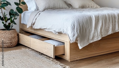 A cozy bedroom scene featuring a wooden bed with storage drawers and a plant.