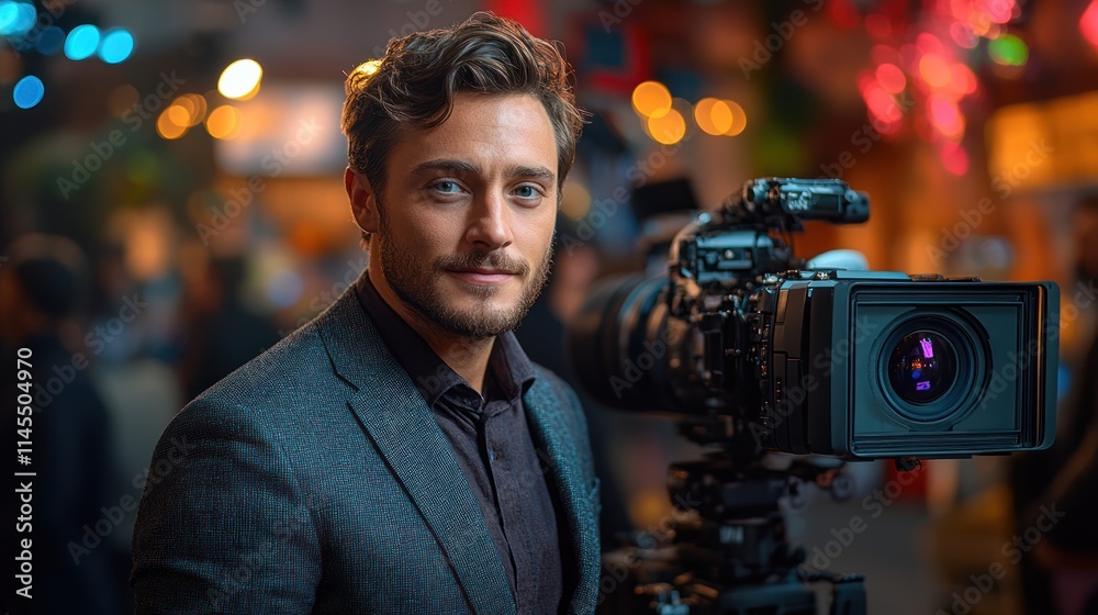 A man poses beside a professional camera setup. A man poses beside a professional camera setup.