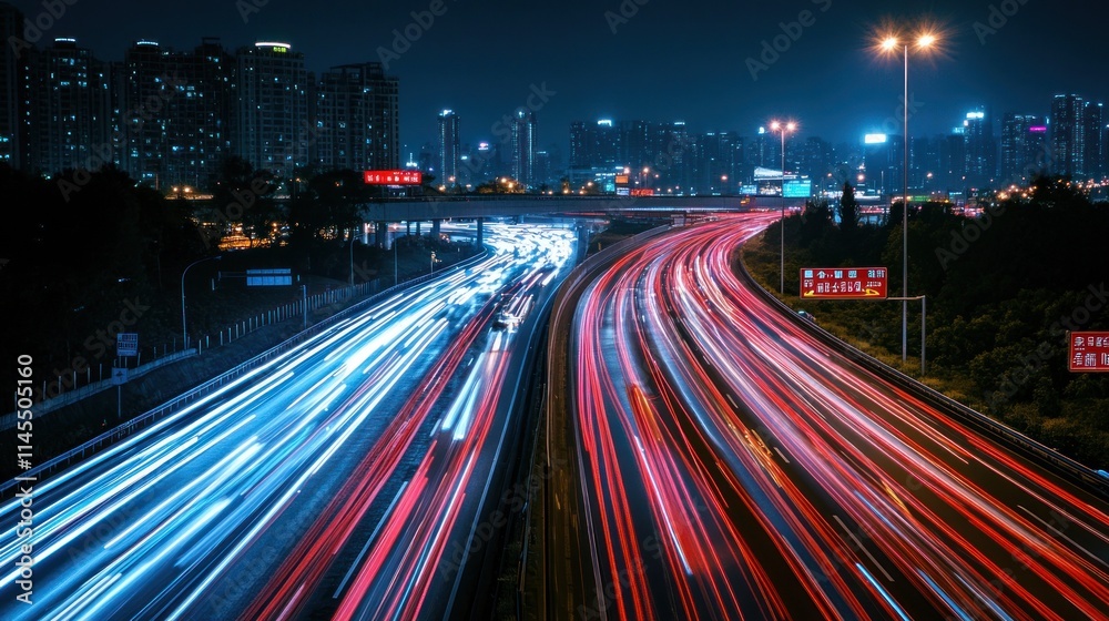 Nighttime cityscape with light trails from vehicles on a highway, showcasing urban life. Nighttime cityscape with light trails from vehicles on a highway, showcasing urban life.