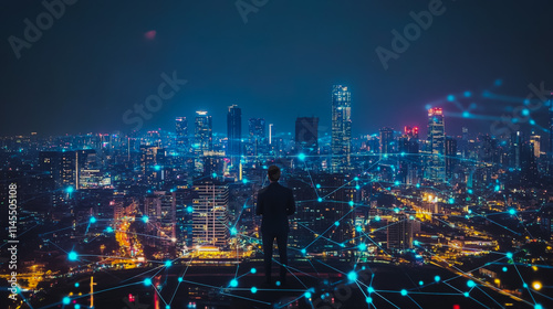 Wallpaper Mural Smart digital Innovation city with connection network reciprocity over the cityscape. of future smart wireless city and social media networking systems that connects business people with in city Torontodigital.ca