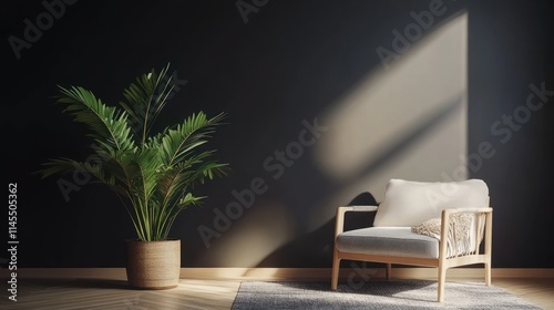 A cozy corner featuring a chair and a potted plant against a dark wall.
