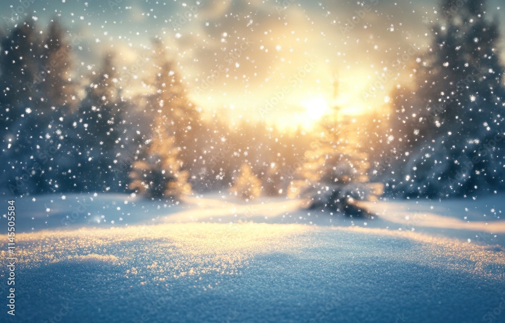 Fototapeta premium A serene winter landscape with falling snow and a glowing sunset behind snowy trees.