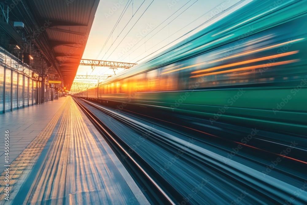 A blurred train moves past a platform at sunset, capturing the essence of travel and motion. A blurred train moves past a platform at sunset, capturing the essence of travel and motion.