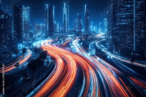 A vibrant cityscape at night with illuminated highways and skyscrapers.