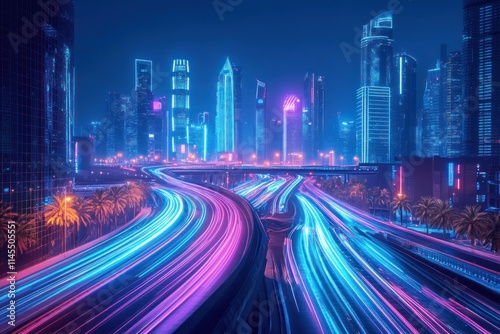 Vibrant cityscape at night with illuminated highways and skyscrapers.