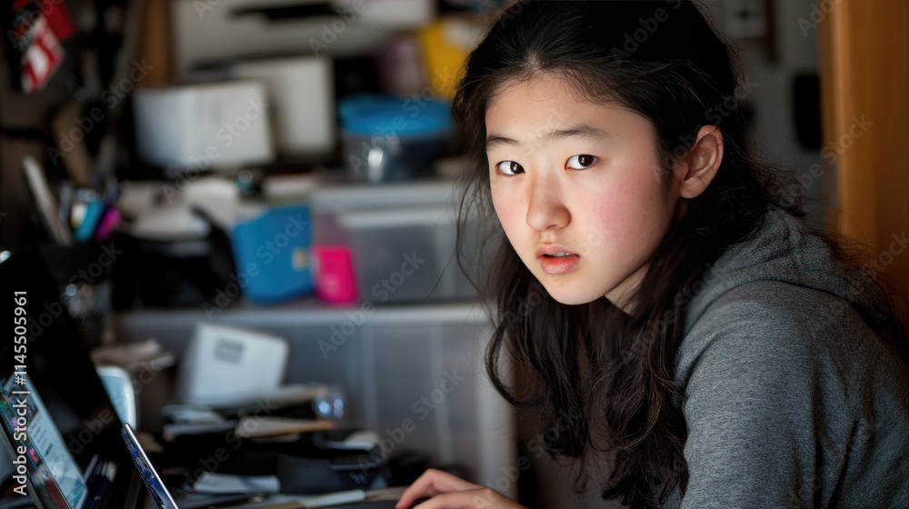 Teenager Focused on Technology in a Cluttered Workspace