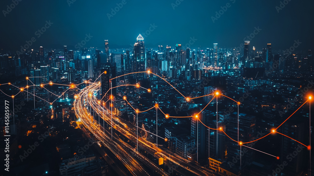 Fototapeta premium Smart digital Innovation city with connection network reciprocity over the cityscape. of future smart wireless city and social media networking systems that connects business people with in city