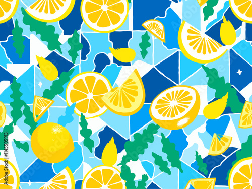  Lemons, slices and leaves on blue Mediterranean tiles.Modern abstract geometric background.Traditional Portuguese, Spanish ornaments and motifs