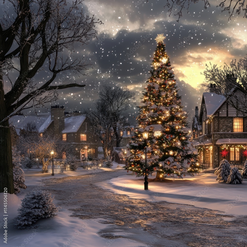 Enchanting Christmas Eve Scene with Snowfall and Beautifully Decorated Tree in a Cozy Village Setting Enchanting Christmas Eve Scene with Snowfall and Beautifully Decorated Tree in a Cozy Village Setting