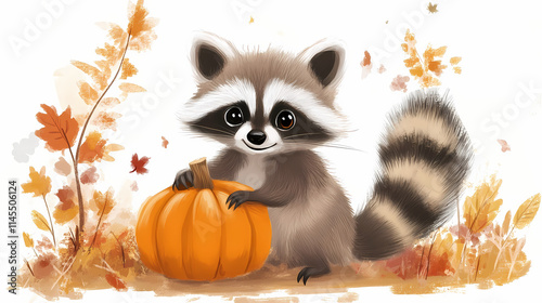 Cute raccoon dacing with pumpkin. Feral. Illustration