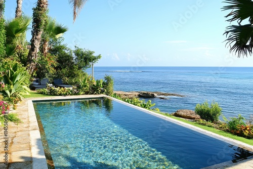 Wallpaper Mural Oceanfront pool with lounge chairs, lush tropical plants. Perfect for luxury travel, vacation, or resort websites. Torontodigital.ca