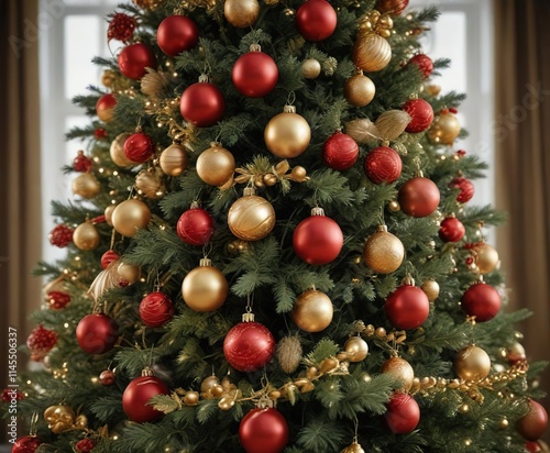 Close-up of decorated Christmas tree with red and gold accents, shiny decorations, holiday festivity, festive ornaments