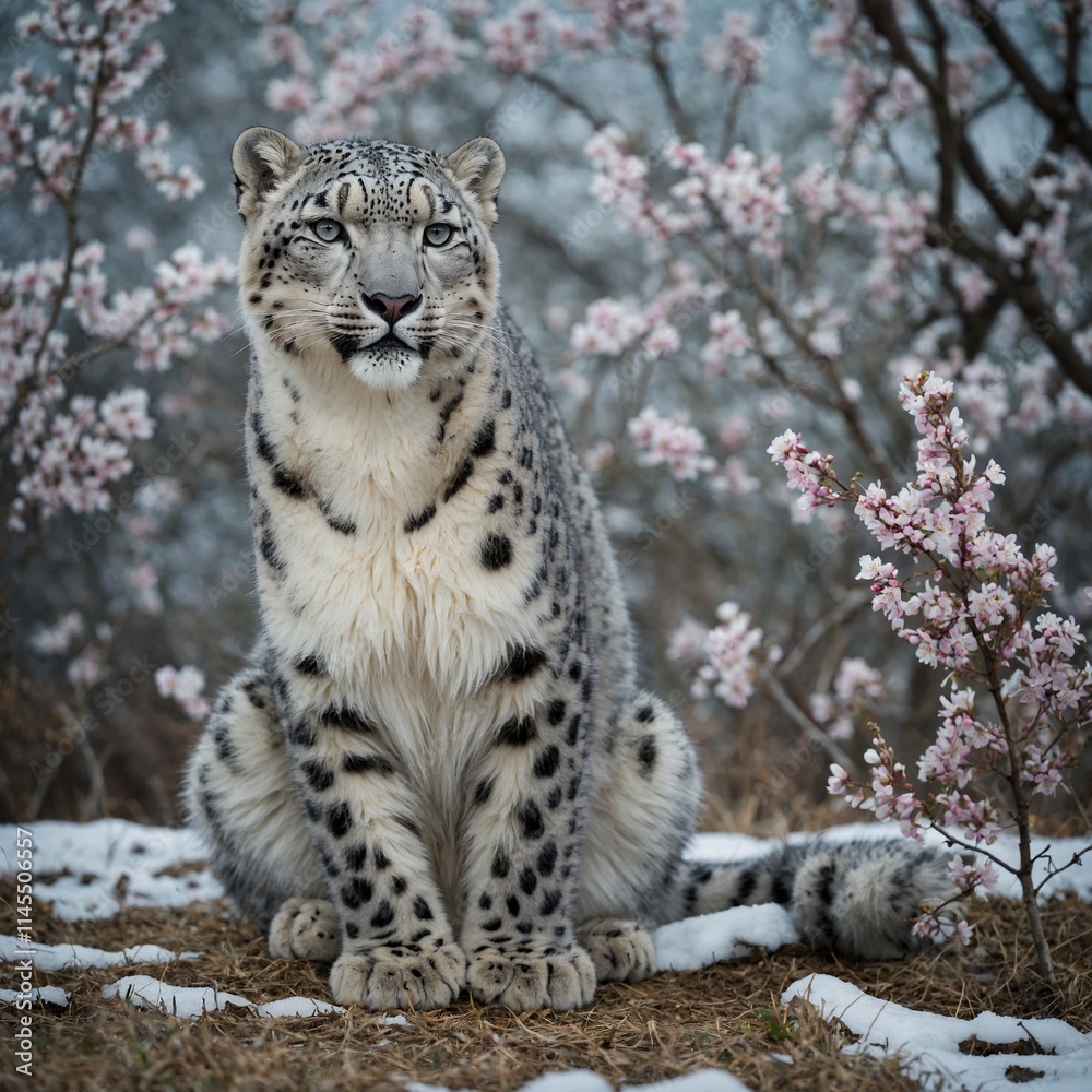 Obraz premium A snow leopard sitting gracefully in a field surrounded by icy flowering trees.