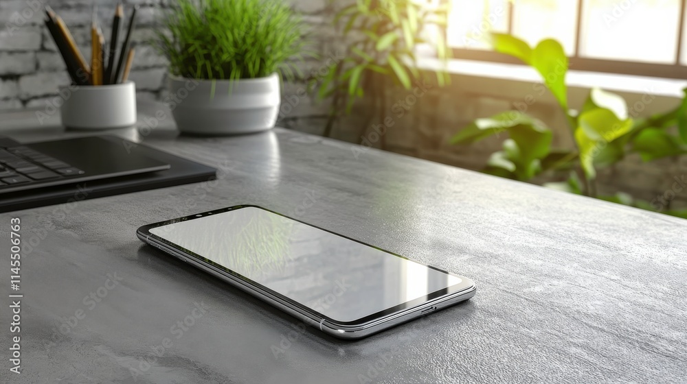 Modern Office Desk Setup with a Smartphone, Laptop, and Green Plants in Bright Natural Light, Featuring Minimalistic Design Elements for a Productive Workspace Modern Office Desk Setup with a Smartphone, Laptop, and Green Plants in Bright Natural Light, Featuring Minimalistic Design Elements for a Productive Workspace
