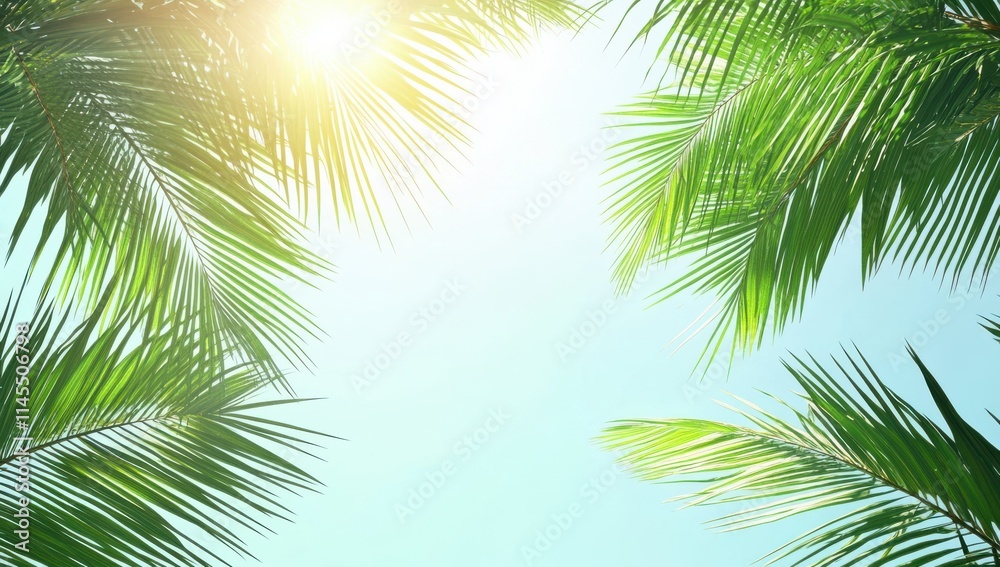 Fototapeta premium Lush Green Palm Leaves Framing Bright Sunlight Against a Clear Sky, Creating a Tropical Atmosphere with Vibrant Natural Elements