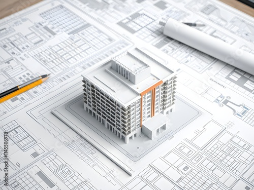 Model house building on architectural blueprints. Ideal for real estate promotions, architectural designs, or construction themes.