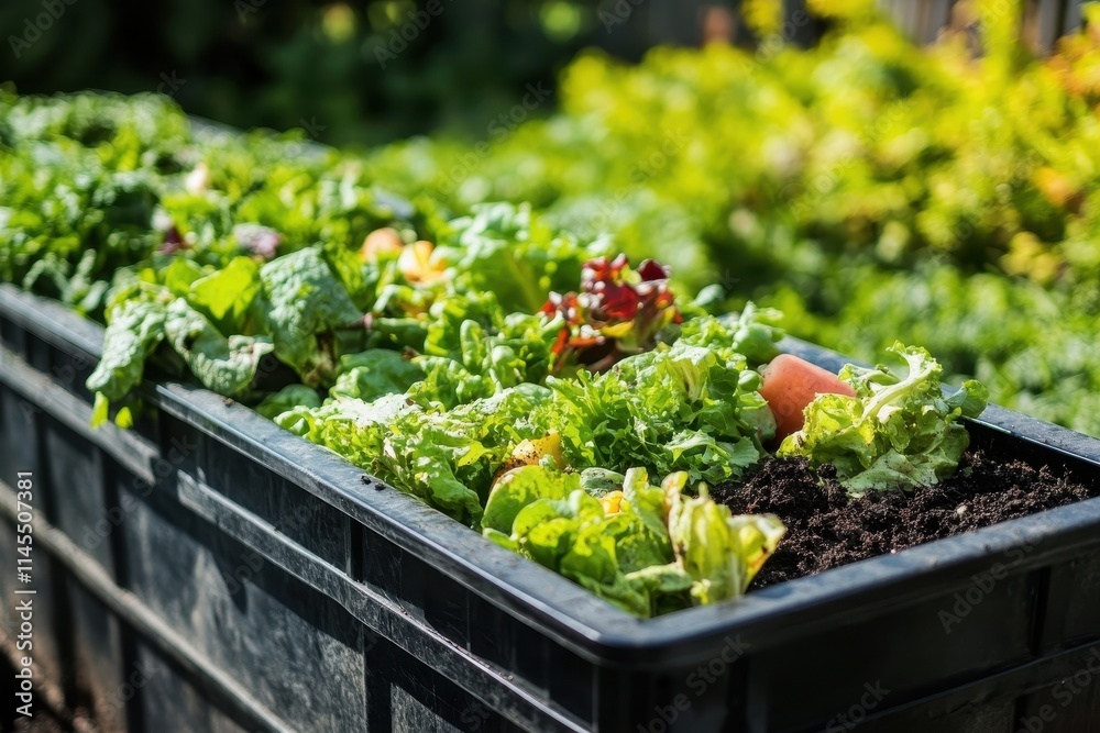 A raised garden bed overflows with vibrant lettuces, spinach, and carrots. Perfect for illustrating organic farming, healthy eating, or sustainable gardening concepts. A raised garden bed overflows with vibrant lettuces, spinach, and carrots. Perfect for illustrating organic farming, healthy eating, or sustainable gardening concepts.