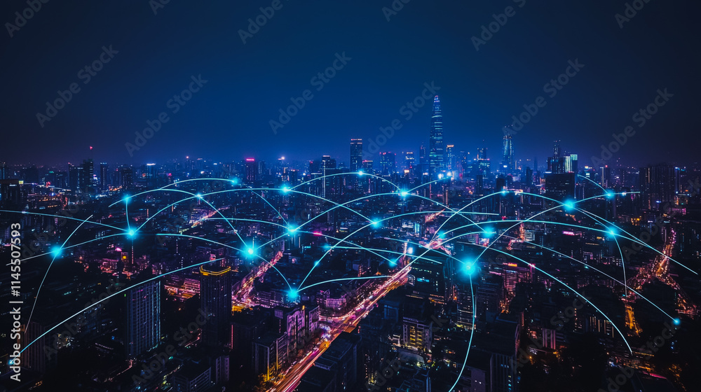 Smart digital Innovation city with connection network reciprocity over the cityscape. of future smart wireless city and social media networking systems that connects business people with in city Smart digital Innovation city with connection network reciprocity over the cityscape. of future smart wireless city and social media networking systems that connects business people with in city