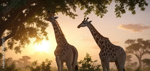 Close-up of giraffe eating leaves from tree with sun setting in distance, neck pattern, herbivores
