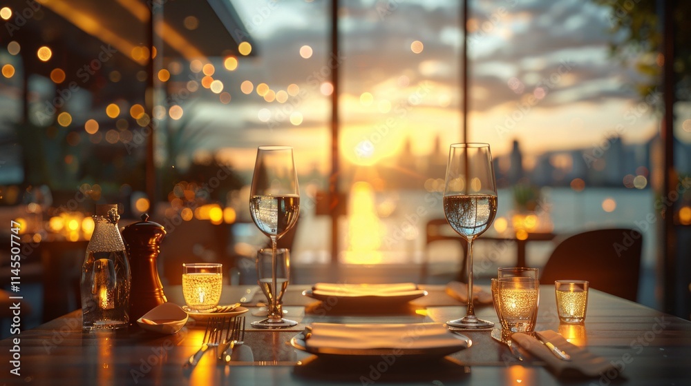 Fototapeta premium Romantic table setting with sunset view, wine glasses, candles and plates. AI generative. .