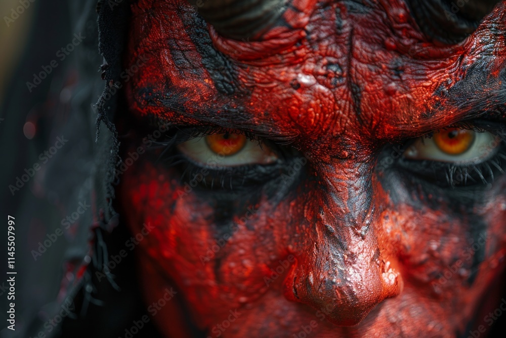 Close up of a demonic eye with red makeup and black eyeliner. AI generative. . Close up of a demonic eye with red makeup and black eyeliner. AI generative. .