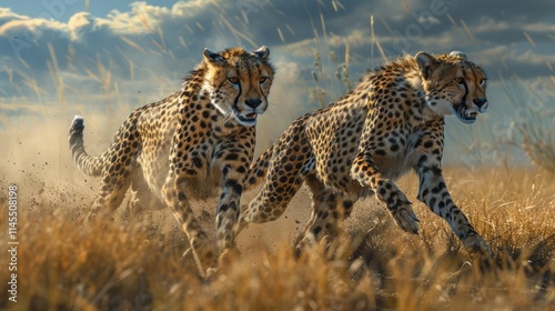 captures a breathtaking moment of three cheetahs running at full speed across an open plain. 