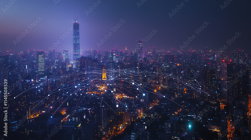 Fototapeta premium Smart digital Innovation city with connection network reciprocity over the cityscape. of future smart wireless city and social media networking systems that connects business people with in city