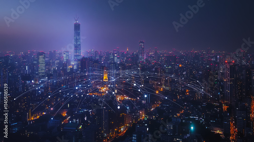 Wallpaper Mural Smart digital Innovation city with connection network reciprocity over the cityscape. of future smart wireless city and social media networking systems that connects business people with in city Torontodigital.ca