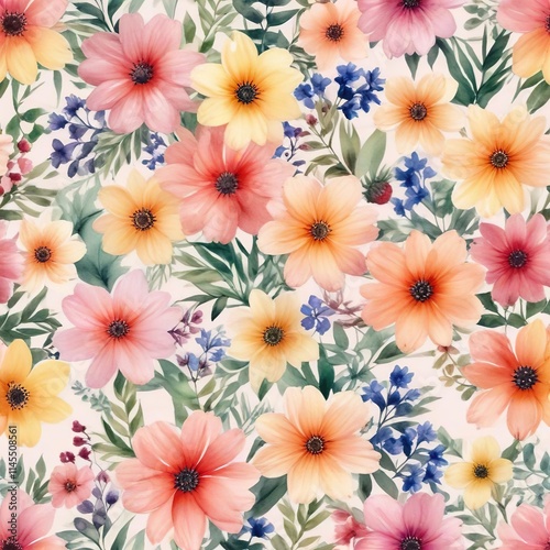 Colorful watercolor flowers on a pastel background, artistic, vibrant