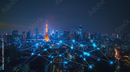 Wallpaper Mural Smart digital Innovation city with connection network reciprocity over the cityscape. of future smart wireless city and social media networking systems that connects business people with in city Torontodigital.ca